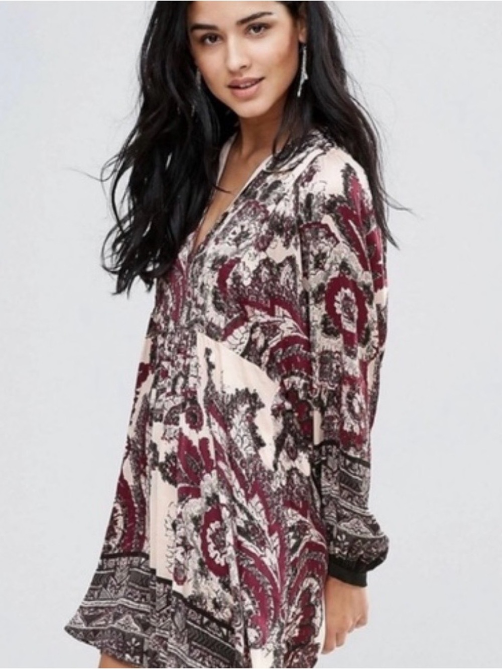 Free People Paisley V-Neck Tunic in Burgundy and Blush mini dress